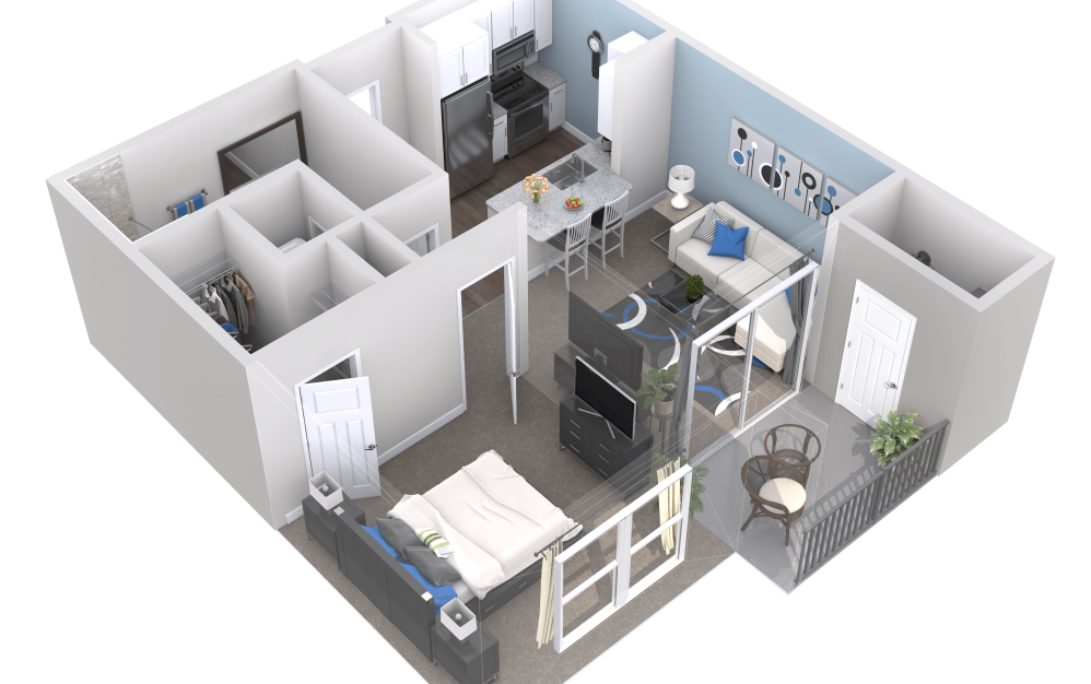 Toho - 1 bedroom floorplan layout with 1 bathroom and 600 square feet (3D) Toho - 1 bedroom floorplan layout with 1 bathroom and 600 square feet (3D)
