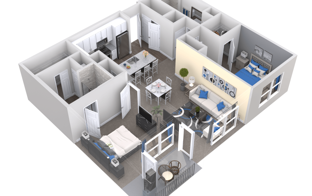 Butler - 2 bedroom floorplan layout with 2 bathrooms and 1099 square feet (3D) Butler - 2 bedroom floorplan layout with 2 bathrooms and 1099 square feet (3D)